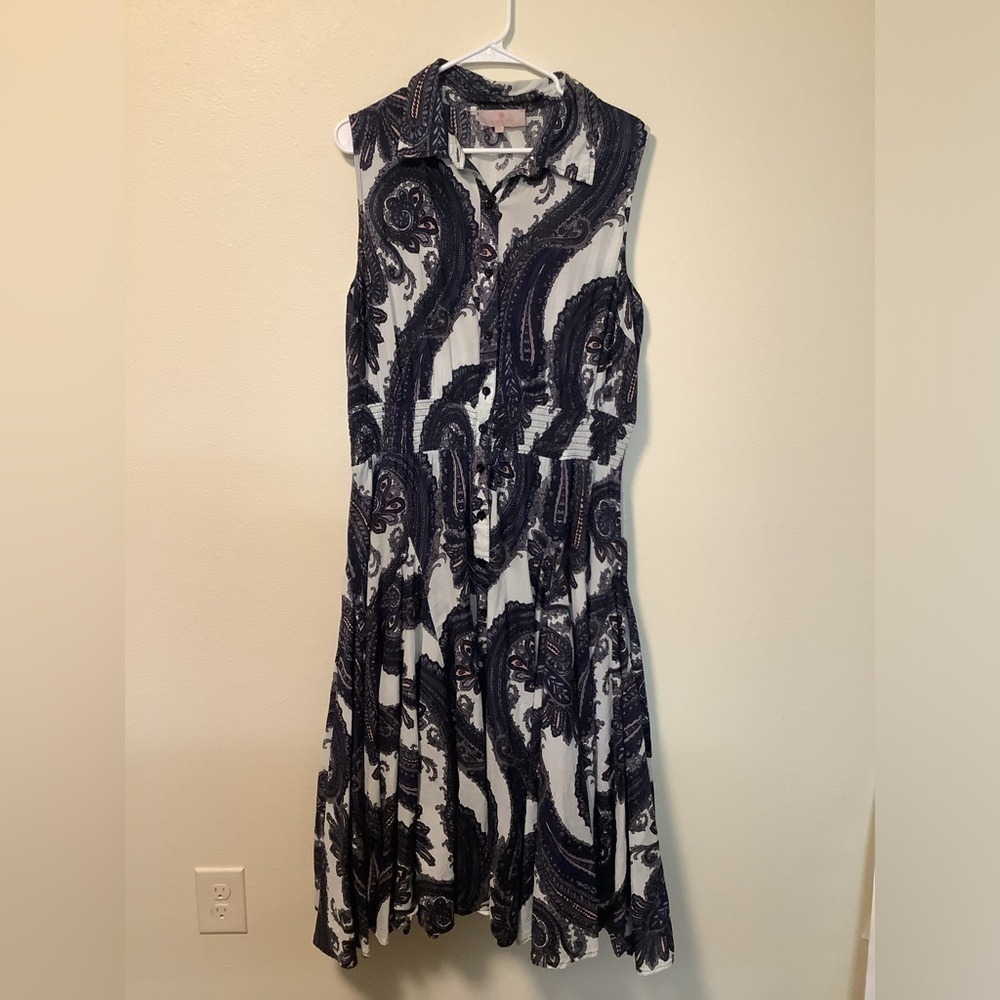Laurie Felt Navy White Paisley Sleeveless Smocked Waist Shirt Dress XL